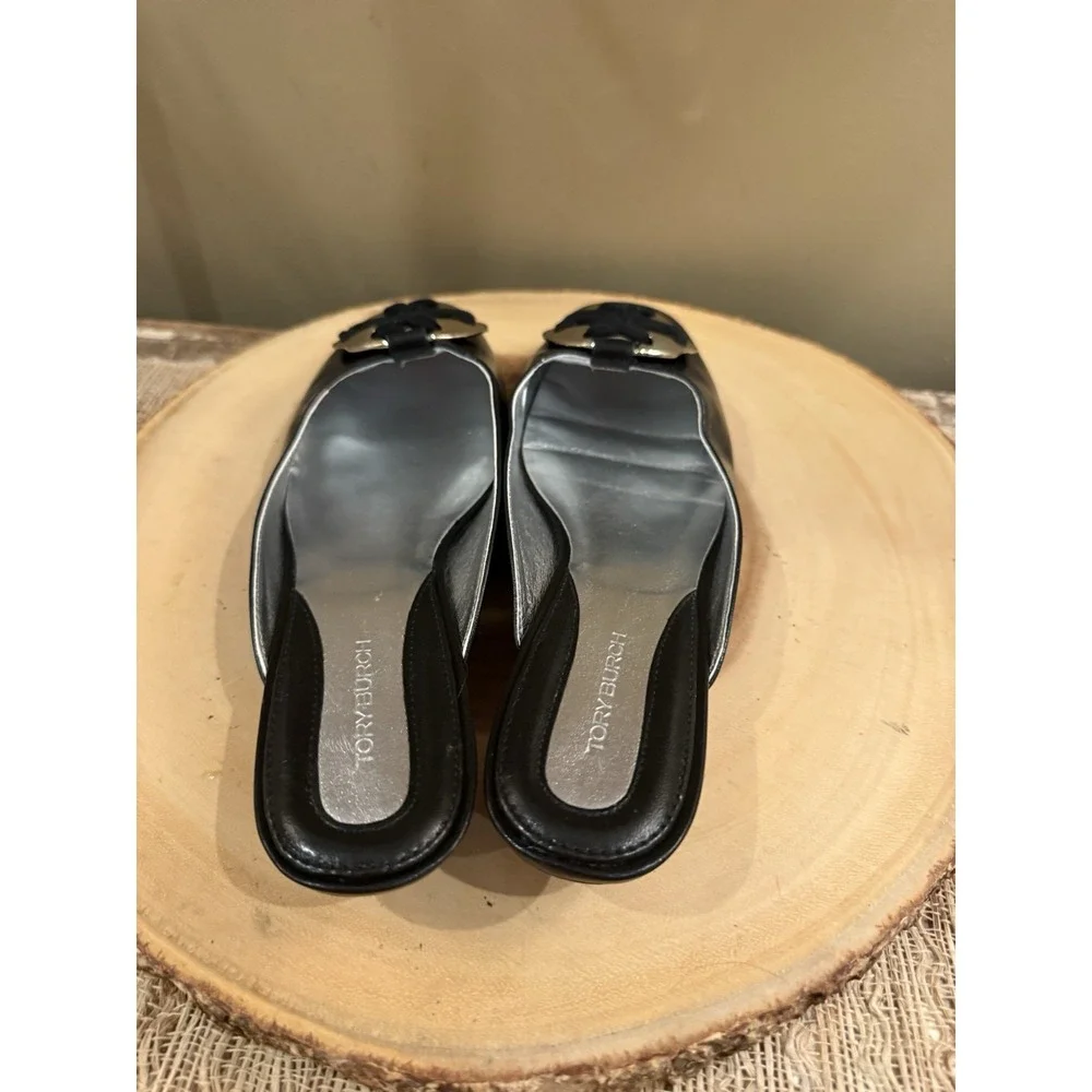 Tory Burch Woven‎ Logo Kitten Heel Mule Size 7.5 Black Goat Leather MSRP$358